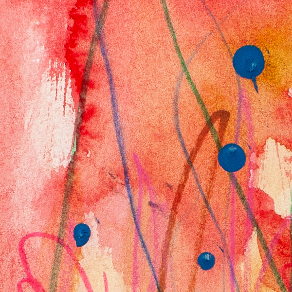 Detail of abstract artwork Cloudburst Cactus by Lisa Marie Jones showing raised blue dot markings layered over warm reds, pinks, and flowing linear gestures