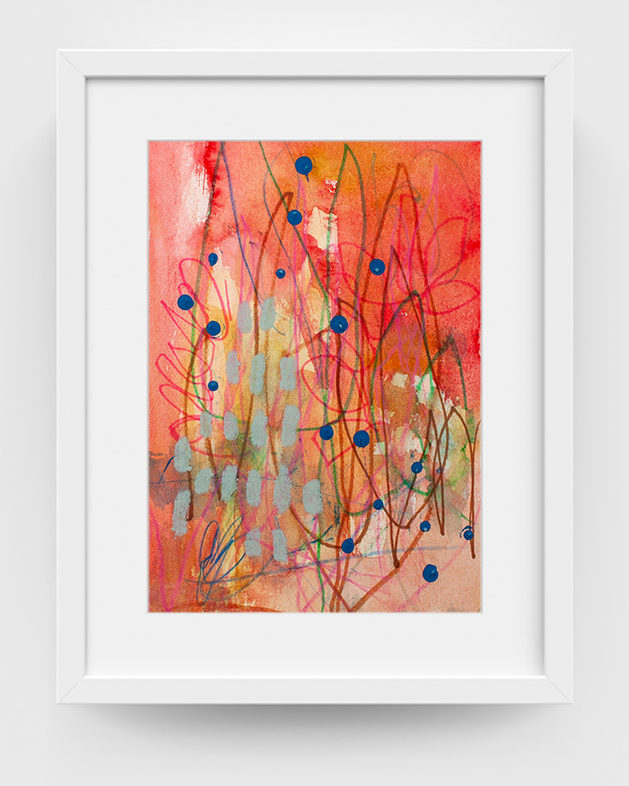 Cloudburst Cactus by Lisa Marie Jones, abstract artwork from the Succulent Skies series, shown in a white frame with energetic red, pink, green, and blue accents