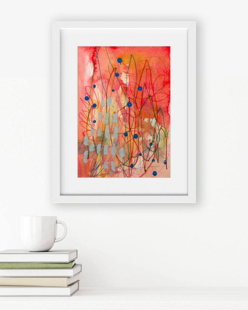 Abstract artwork Cloudburst Cactus by Lisa Marie Jones displayed in a minimalist interior, bringing bold colour and movement inspired by desert storms