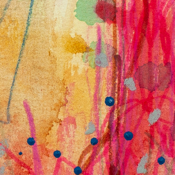 Detailed view of abstract artwork Desert Dusk by Lisa Marie Jones, with layered colour, flowing marks, and a sense of stillness as day moves into night