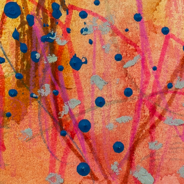 Detail of abstract artwork Desert Dusk by Lisa Marie Jones showing blue dot markings layered over warm pinks, ochres, and expressive linear gestures