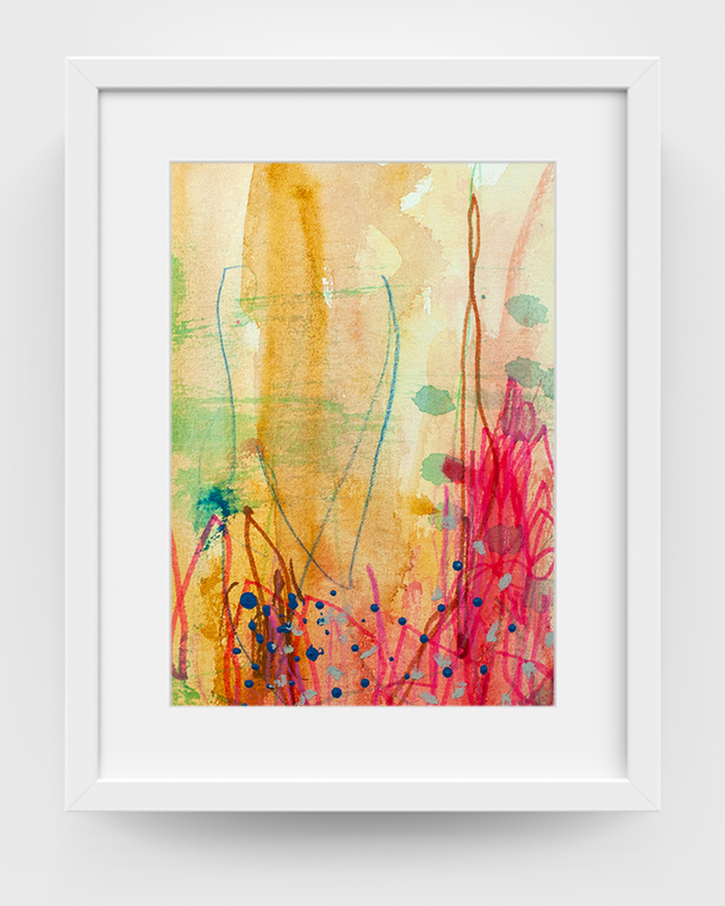 Desert Dusk by Lisa Marie Jones, abstract artwork from the Succulent Skies series, shown in a white frame with muted ochres, pinks, greens, and soft blue accents