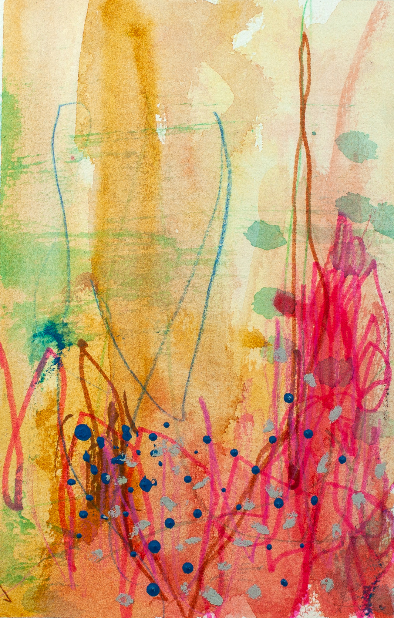 Abstract artwork Desert Dusk by Lisa Marie Jones, featuring warm earthy tones, soft washes, and layered gestural marks evoking the quiet transition of desert light at dusk