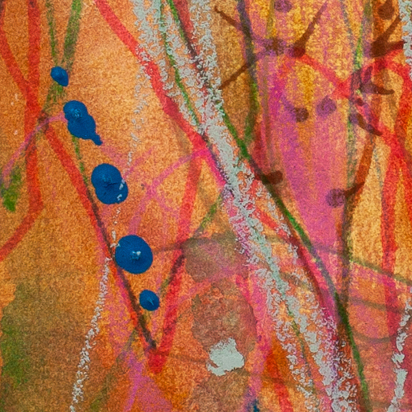 Detail of abstract artwork Succulent Sunrise by Lisa Marie Jones showing layered pink and ochre textures with blue dot markings and expressive lines