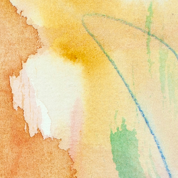 Close-up detail of abstract artwork Succulent Sunrise by Lisa Marie Jones highlighting soft golden washes, pale greens, and translucent sky-like textures