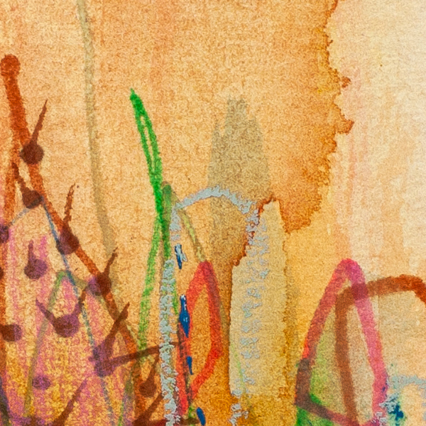 Detailed view of abstract artwork Succulent Sunrise by Lisa Marie Jones, with layered colour, flowing lines, and a sense of growth beneath open skies