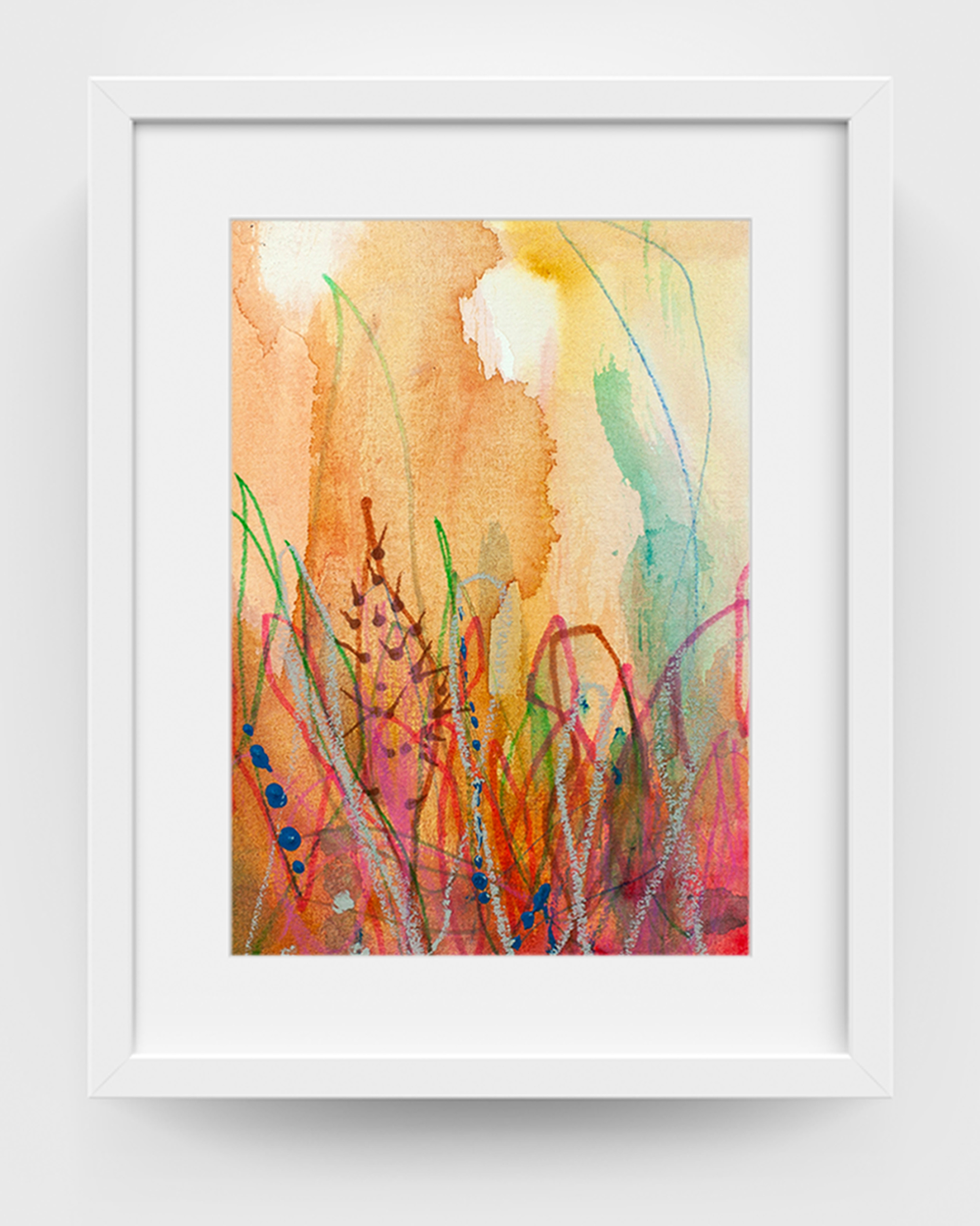 Succulent Sunrise by Lisa Marie Jones, abstract artwork from the Succulent Skies series, shown in a white frame with ochre, coral, green, and blue markings