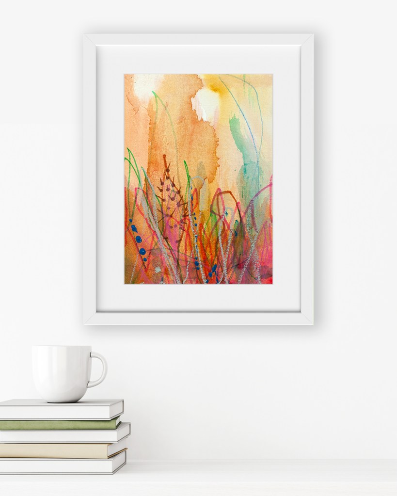 Abstract artwork Succulent Sunrise by Lisa Marie Jones displayed in a minimalist interior, bringing warmth and colour through desert-inspired tones