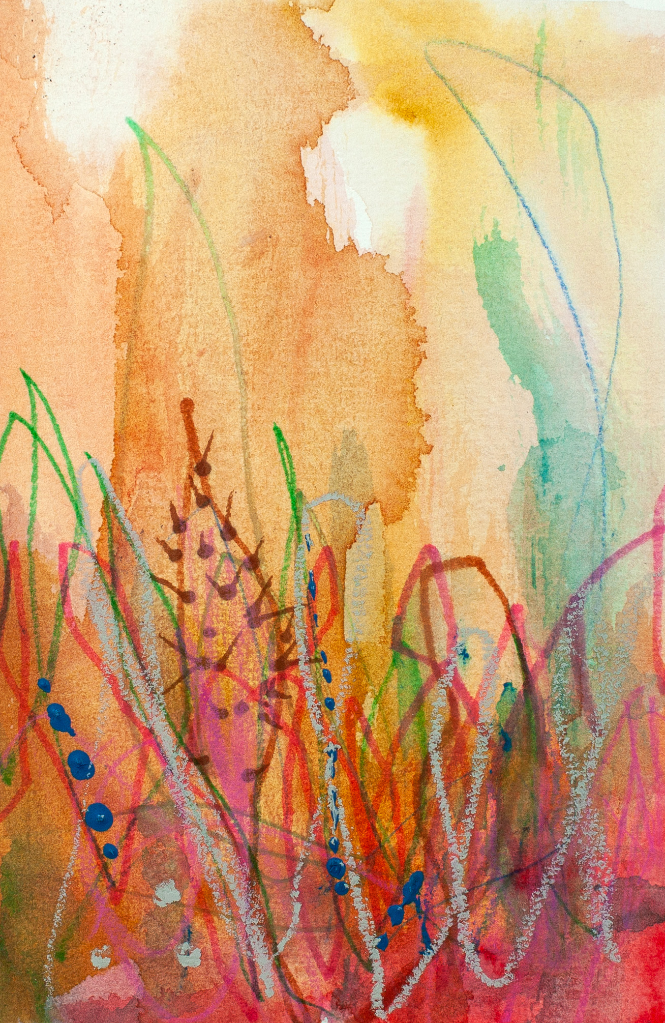 Abstract artwork Succulent Sunrise by Lisa Marie Jones, featuring warm desert tones, layered pinks and greens, and flowing gestural lines suggesting plant forms beneath an open sky