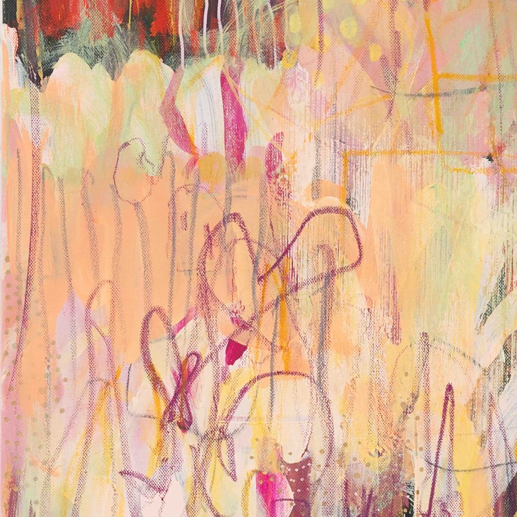 Playful colour interactions in pink abstract floral painting