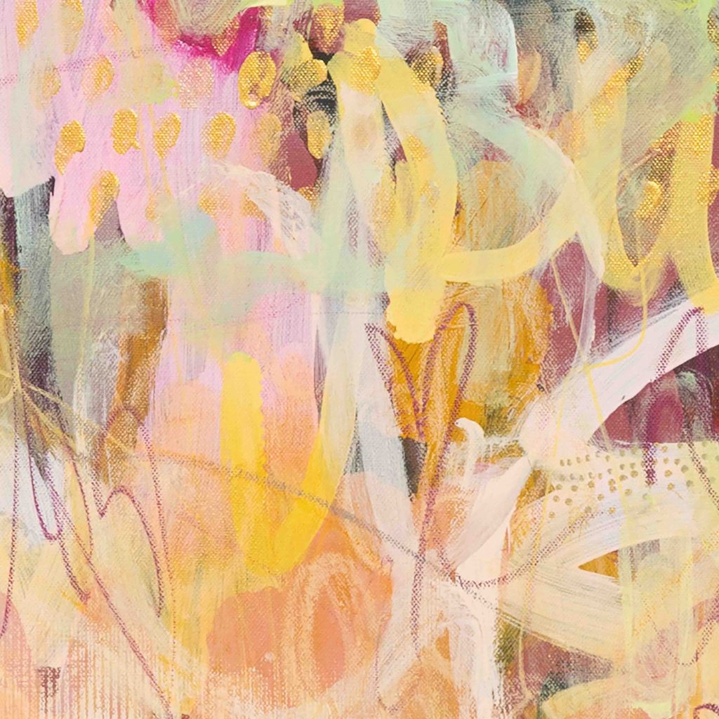 Close-up detail of energetic mark-making in Tangled Up in Pink