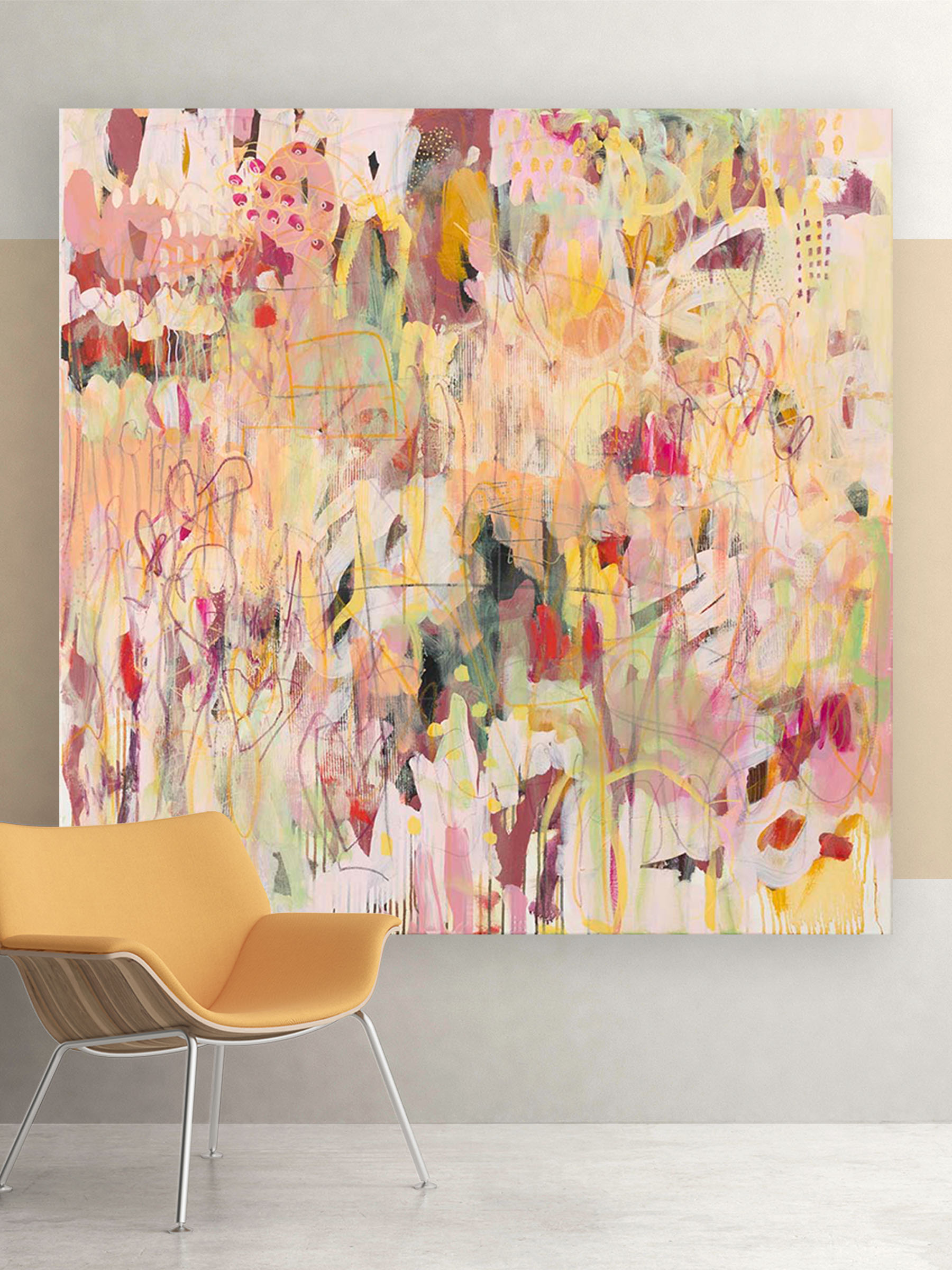 Tangled Up in Pink, large-scale abstract painting by Lisa Marie Jones with layered colour, texture, and energetic intuitive brushwork