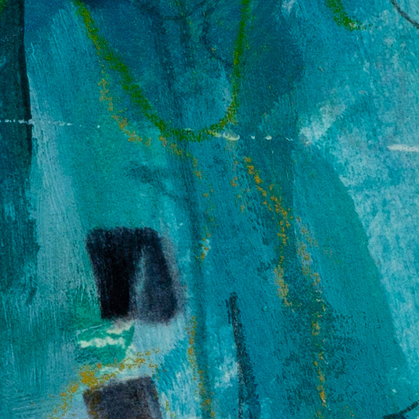 Abstract detail from The Deep Place Within by Lisa Marie Jones highlighting gestural brush strokes and layered blue-green tones.