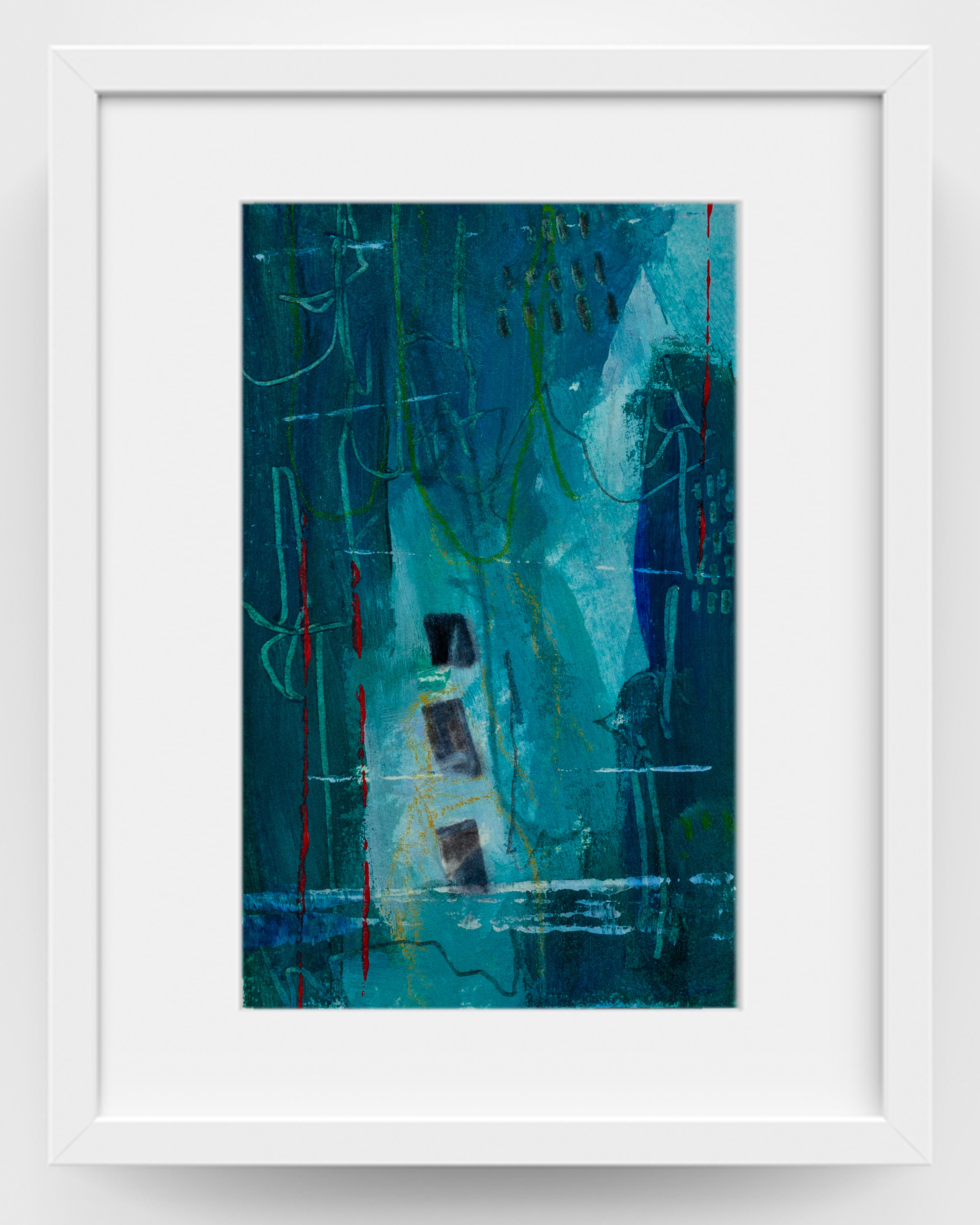 The Deep Place Within by Lisa Marie Jones displayed in a white frame, a contemporary abstract artwork in blue and teal tones.