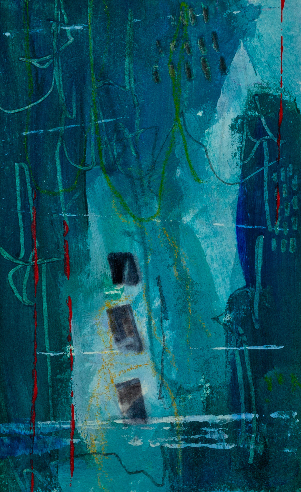 Abstract blue and teal artwork titled The Deep Place Within by Lisa Marie Jones, featuring layered marks, vertical forms and subtle red accents.