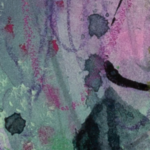 Close-up detail of abstract artwork The One Who Tends by Lisa Marie Jones highlighting gestural black marks, translucent washes and intuitive colour layering.