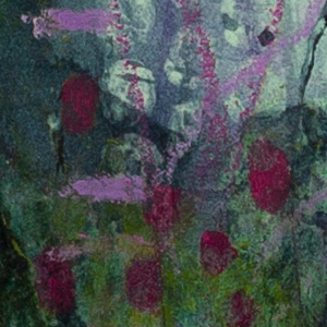 Up close detail of The One Who Tends by Lisa Marie Jones, an abstract mixed media artwork with layered colour and soft elemental energy.