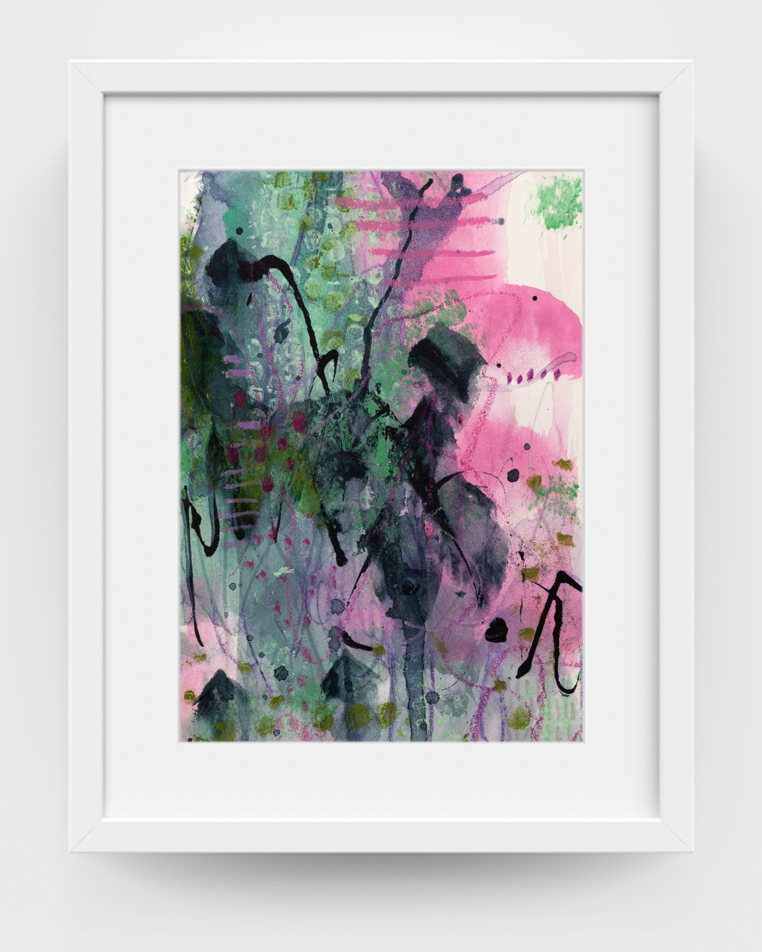 Framed abstract artwork The One Who Tends by Lisa Marie Jones displayed in a white frame, featuring gentle pink, green and charcoal tones with an organic, contemplative feel.