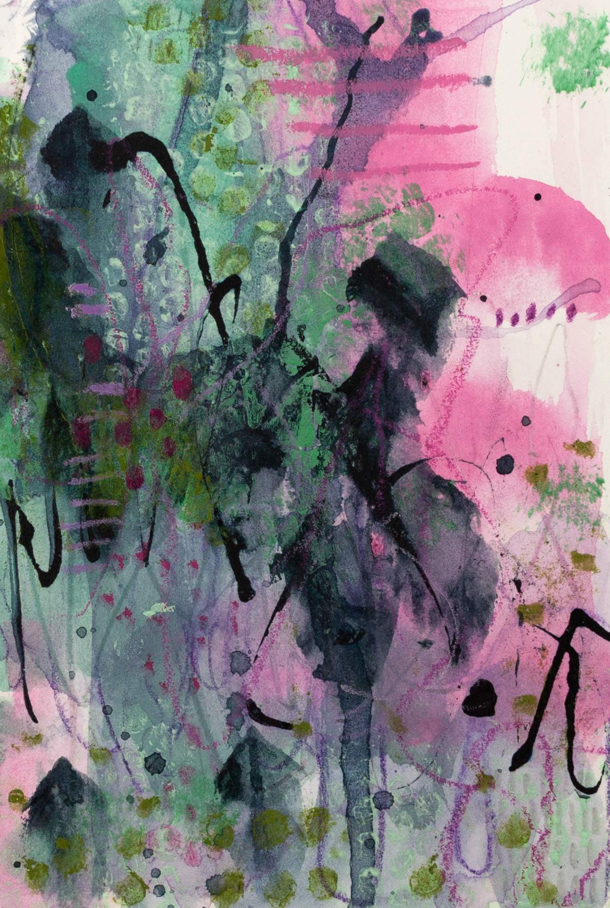 Abstract mixed media artwork The One Who Tends by Lisa Marie Jones, featuring layered washes of pink, green and charcoal with organic marks suggesting a quiet, nurturing presence.