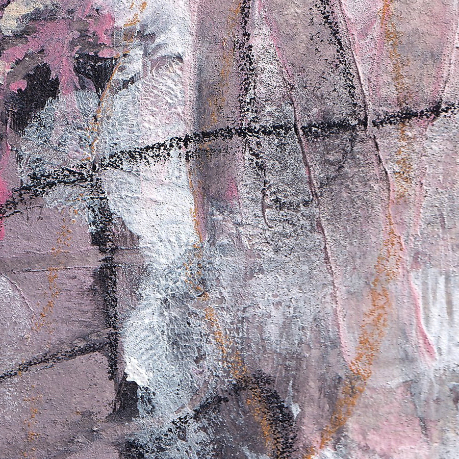 Close-up detail of The One Who Waits showing layered brushstrokes, subtle markings and textured surfaces in muted pink and earthy tones.