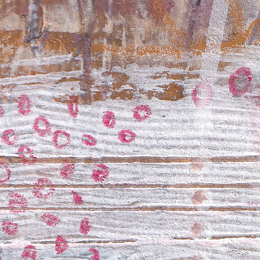 Detail view of The One Who Waits highlighting intuitive lines, soft geometric forms and rhythmic mark-making within layered colour.