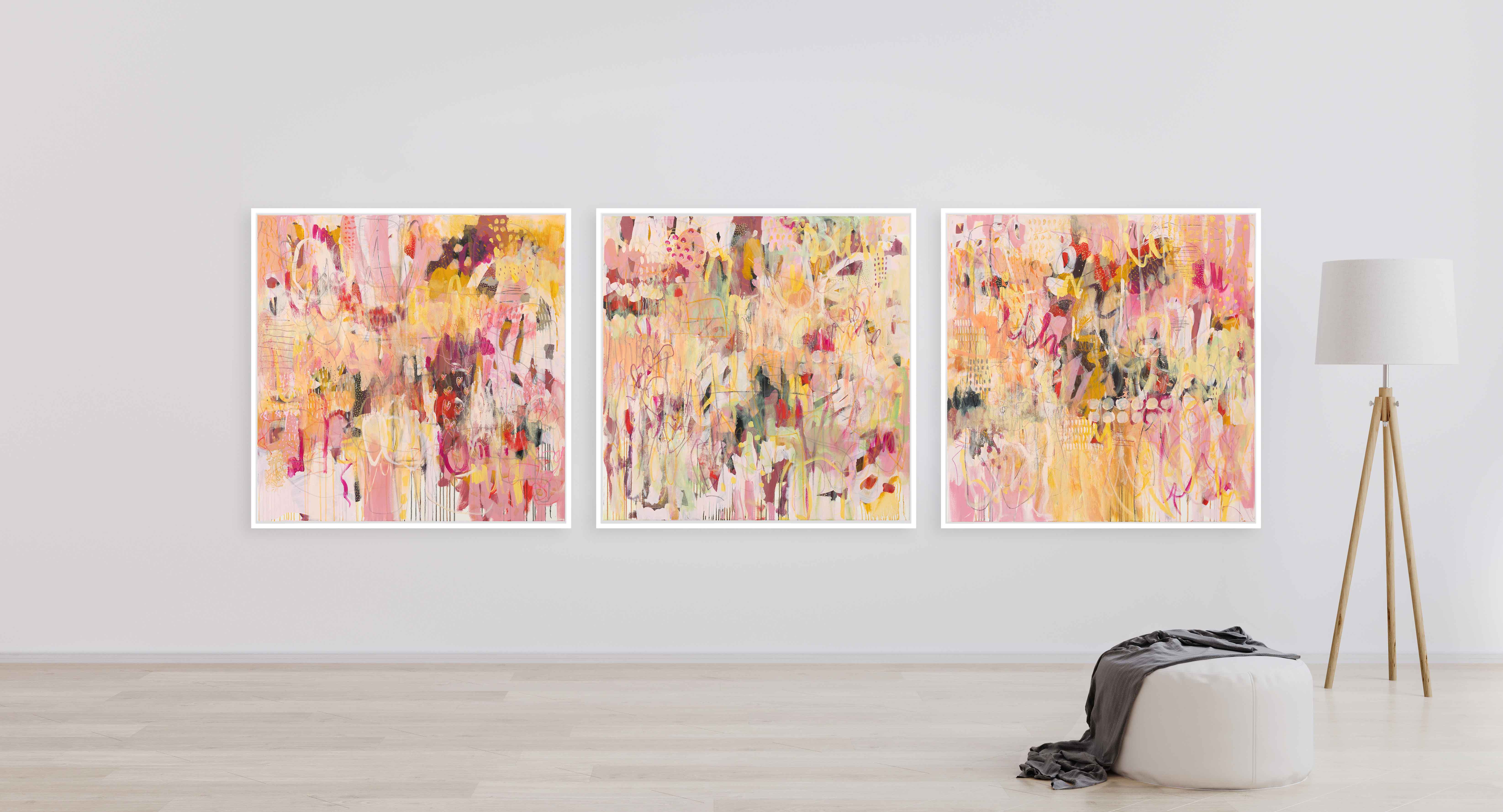 Large bright and colourful abstract triptych from the series Tickle me Pink