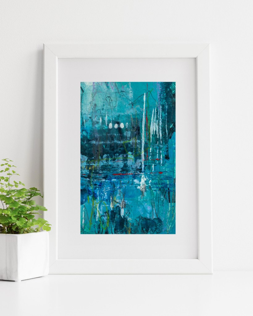 The Tide of Remembering by Lisa Marie Jones displayed in a modern interior, a blue abstract artwork with depth, texture and a calm, contemplative mood