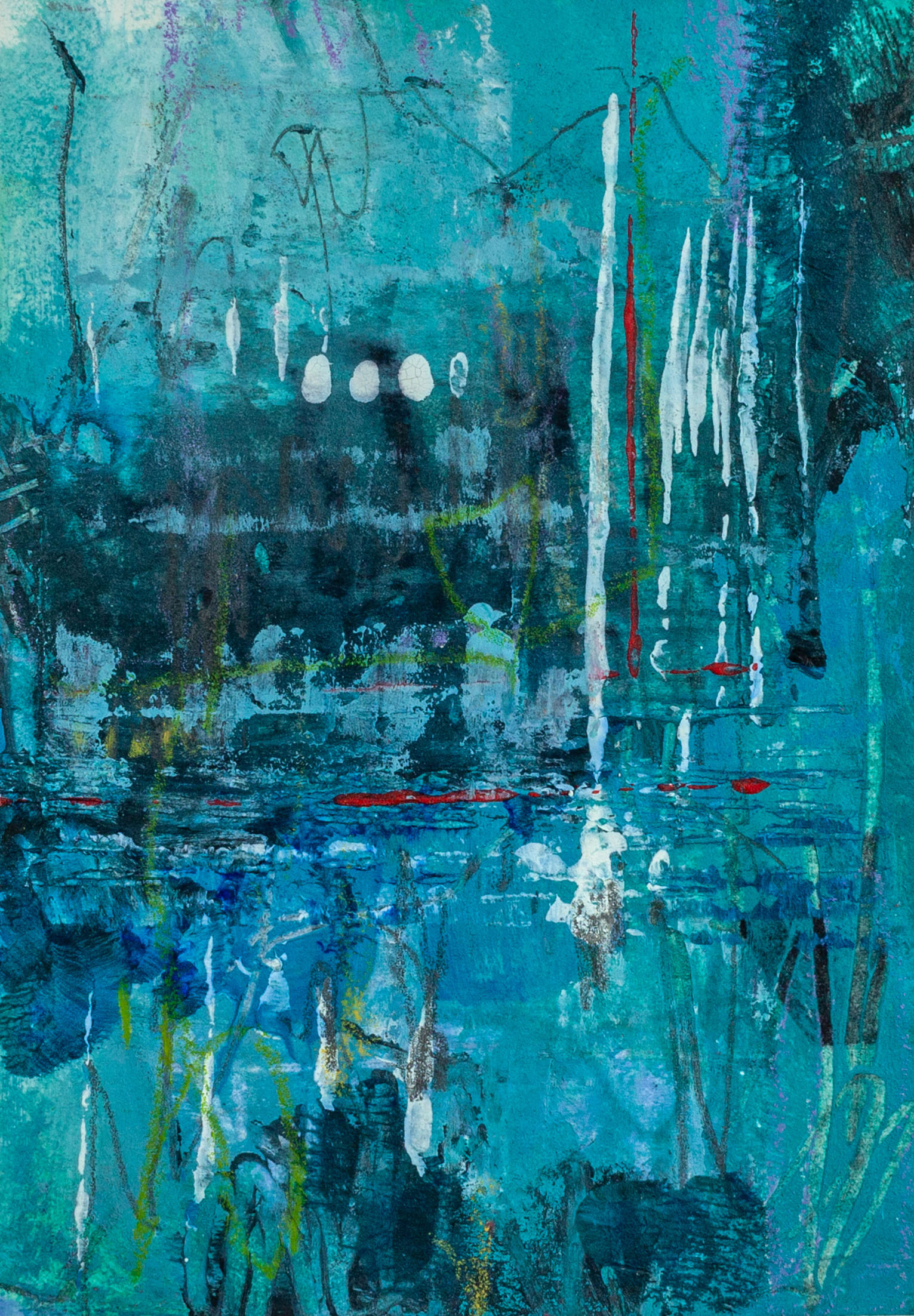 The Tide of Remembering showing blended forms and luminous highlights that create an underwater, dreamlike atmosphere. Abstract artwork painted by Lisa Marie Jones