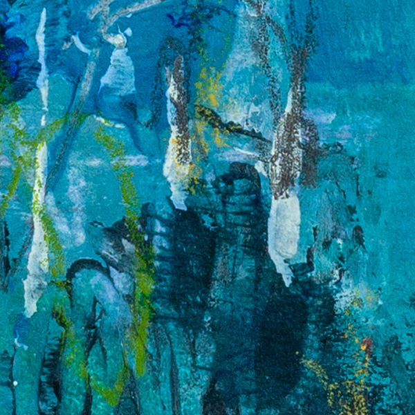 Detail of The Tide of Remembering featuring subtle red accents moving through layered blue tones like breath or memory