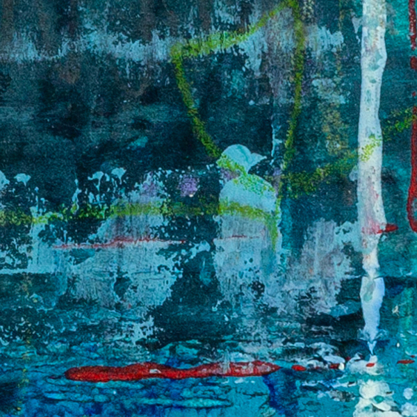 Detail of The Tide of Remembering showing layered blue and turquoise brushstrokes with expressive markings and surface texture