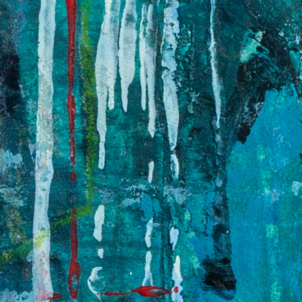 Close-up detail of The Tide of Remembering highlighting vertical marks, tonal depth and organic transitions in blue and teal