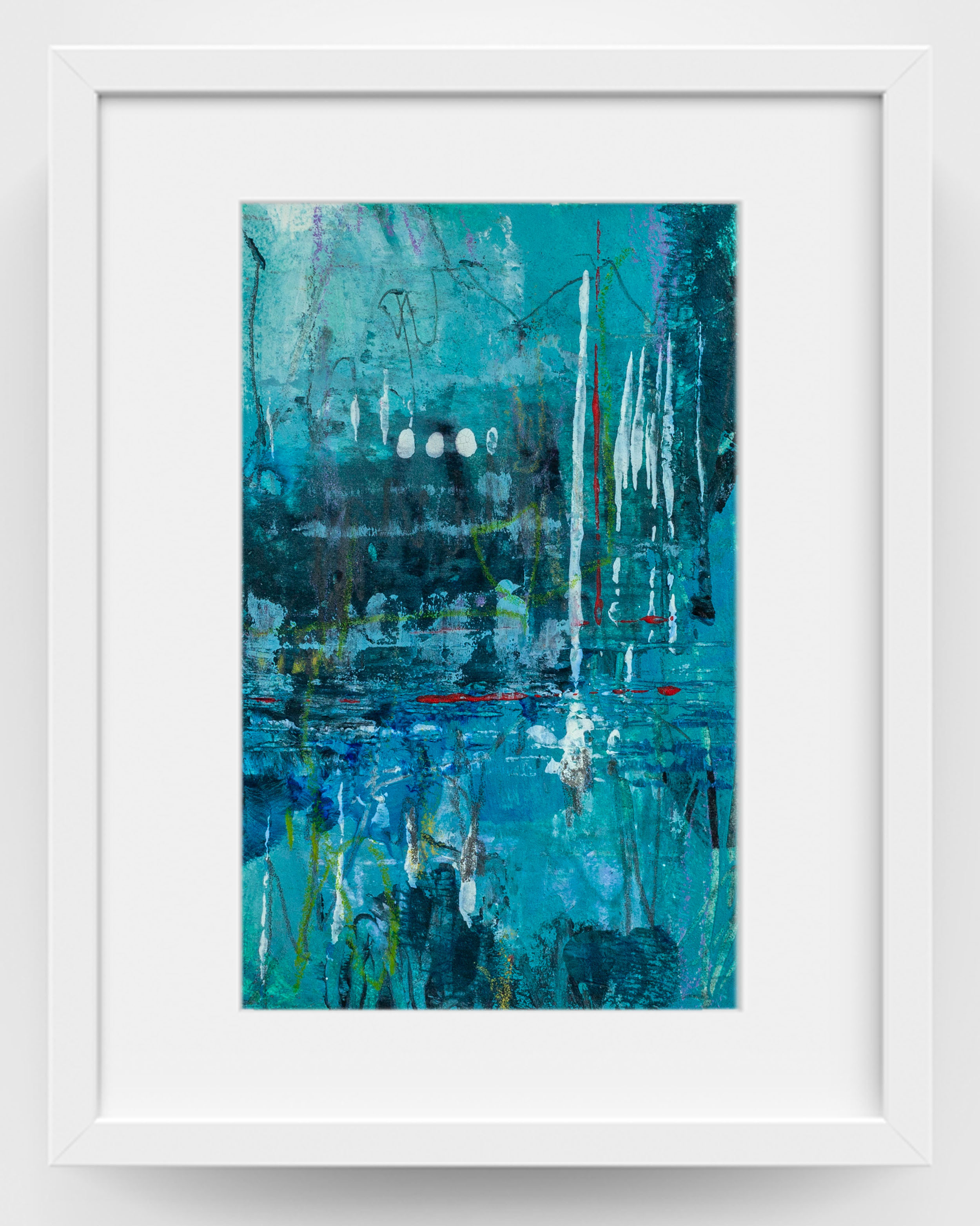 The Tide of Remembering by Lisa Marie Jones, contemporary blue abstract artwork with layered turquoise, teal and soft red accents creating an underwater, reflective atmosphere