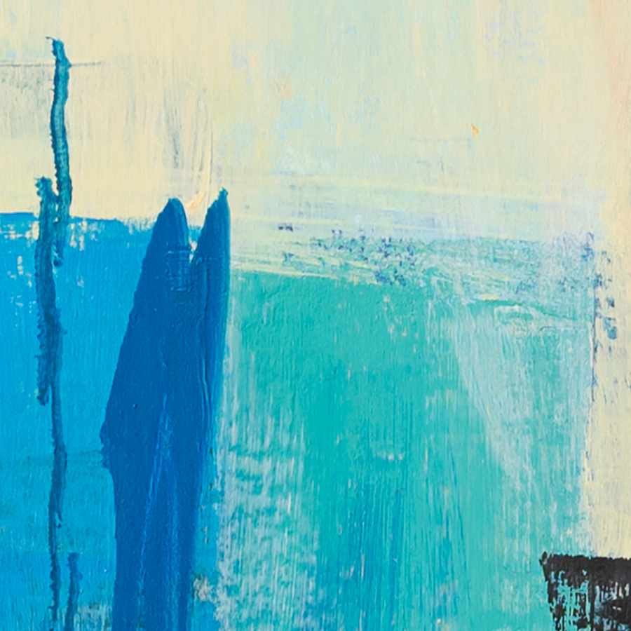 Detail of Urban Drift showing layered blue tones and vertical marks suggesting architectural forms and movement