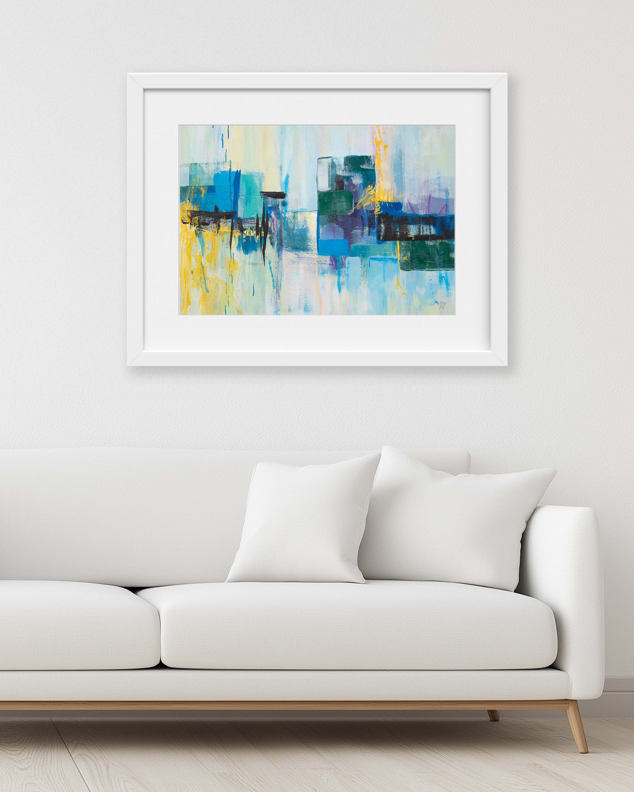 Urban Drift abstract artwork by Lisa Marie Jones displayed above a white sofa to show scale and interior styling context