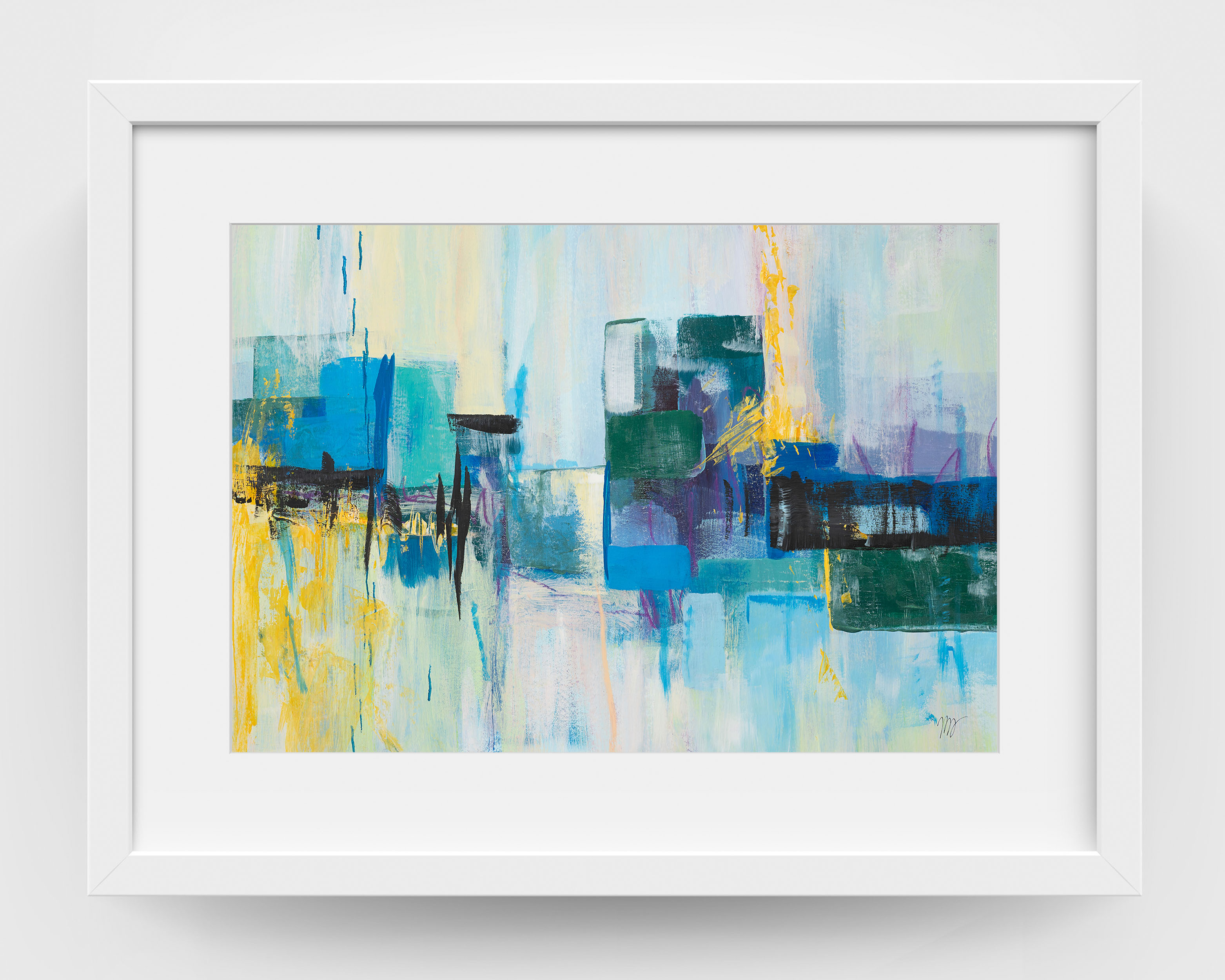 Urban Drift, contemporary abstract artwork by Lisa Marie Jones featuring layered blues, greens, and ochre with a fluid city-like rhythm