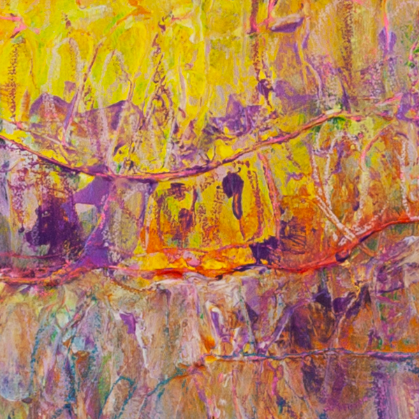 Detail of abstract painting When Light Moves Through Colour showing layered yellow, violet, and warm earth tones with textured horizontal movement.