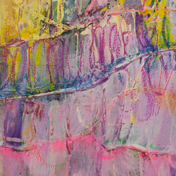 Abstract detail from When Light Moves Through Colour featuring pink, mauve, and yellow tones with gentle curved lines and layered texture.