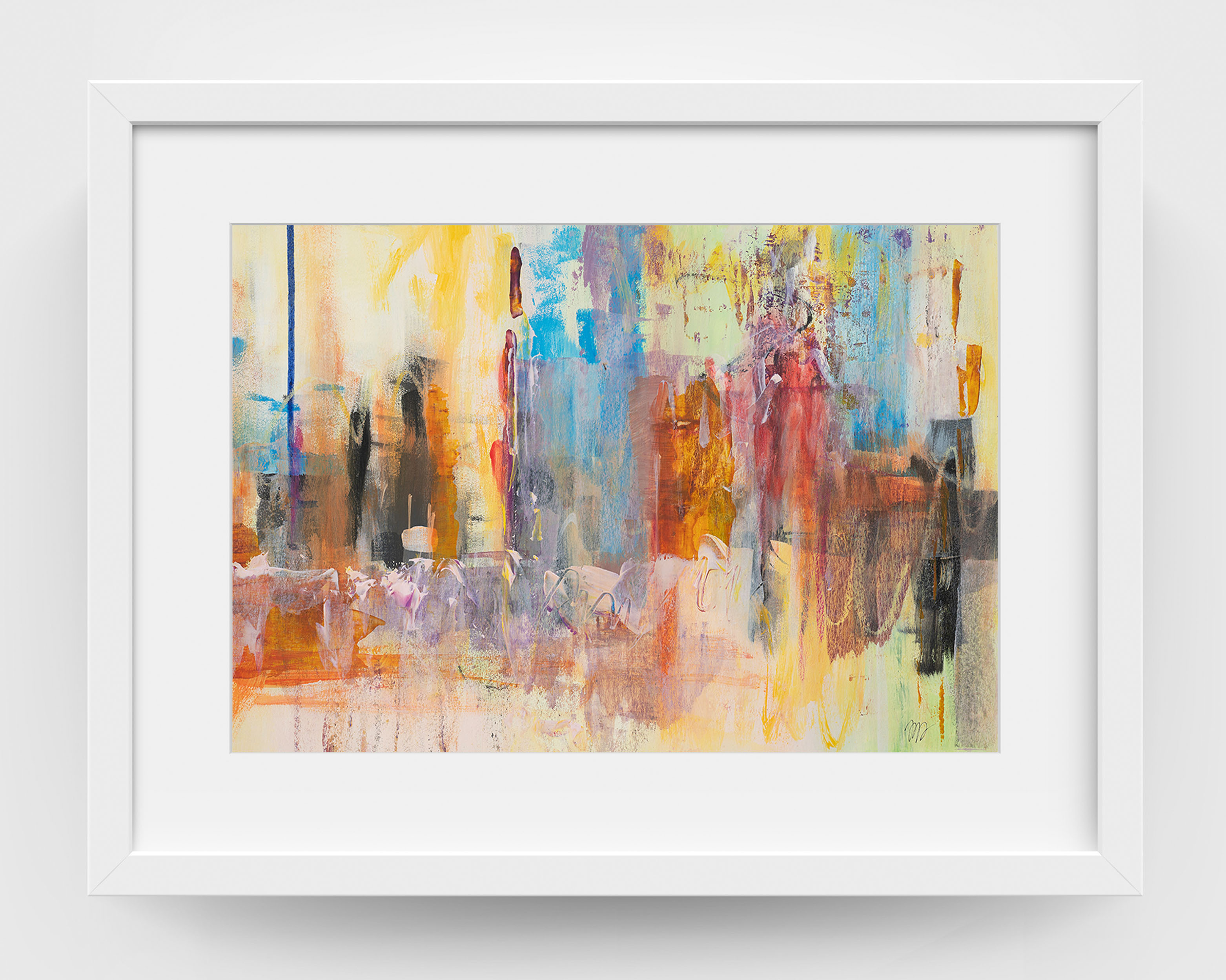 Framed abstract artwork When the City Breathes by Lisa Marie Jones, shown in a minimalist interior setting