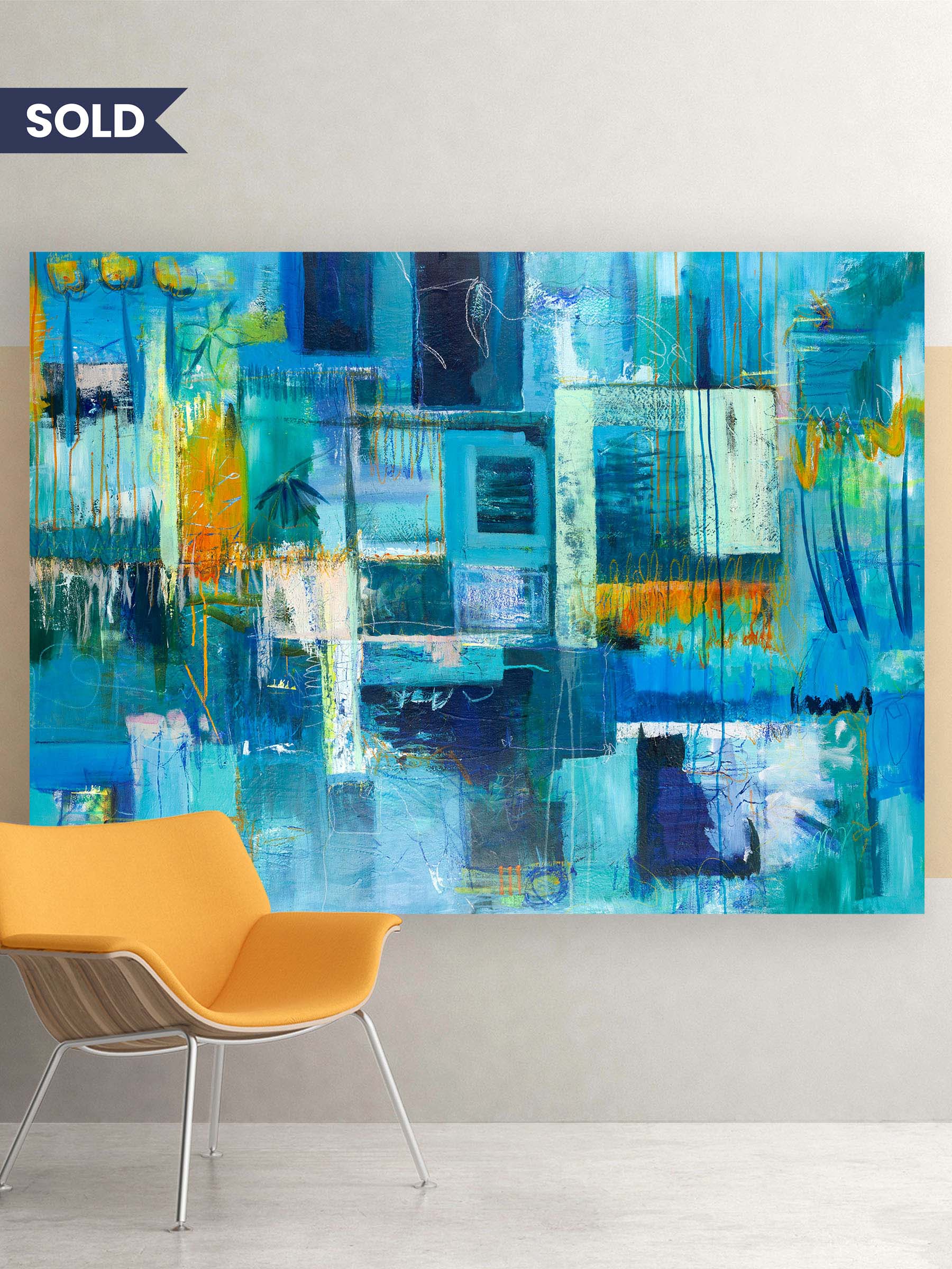 Where Joy Lives by Lisa Marie Jones, a large-scale abstract painting in turquoise, blue and warm golden tones