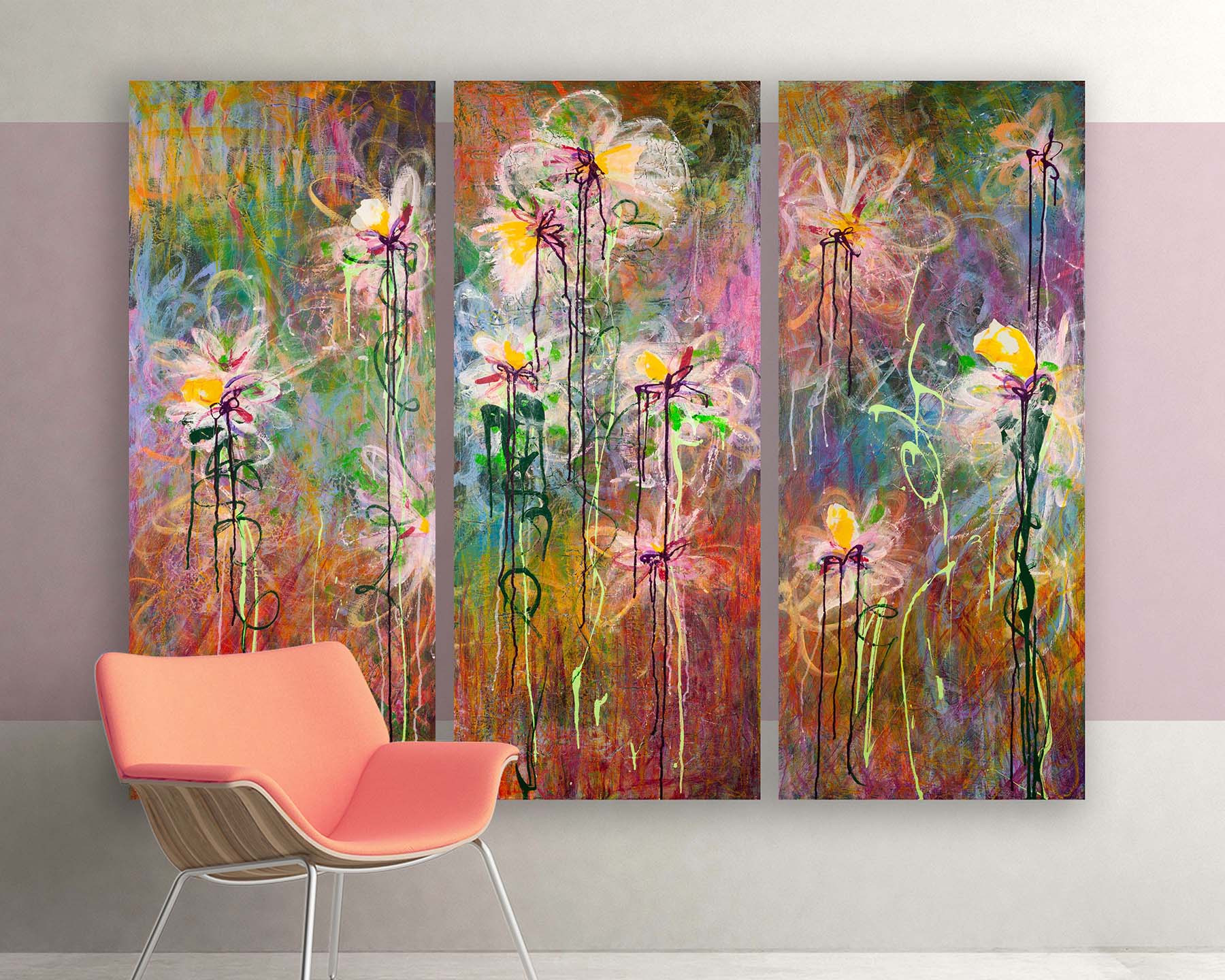 Where Light Begins to Bloom, mixed media abstract floral triptych by Australian artist Lisa Marie Jones, displayed in a contemporary interior