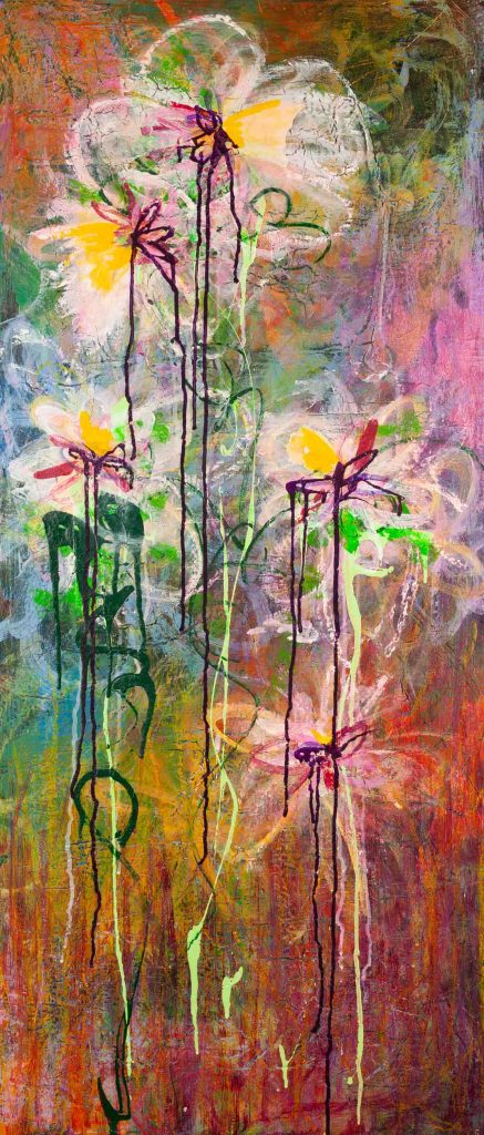 Middle panel of Where Light Begins to Bloom, mixed media abstract floral painting by Lisa Marie Jones