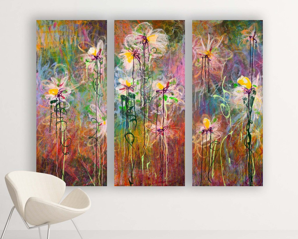 Where Light Begins to Bloom – mixed media abstract floral triptych by Australian artist Lisa Marie Jones