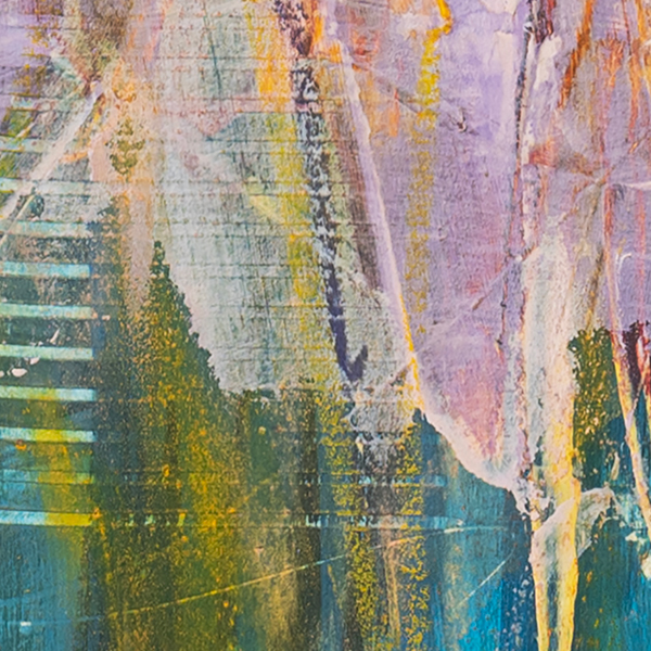 Close-up detail of Where Prayers Catch the Wind revealing textured drips, fine linework and wind-like motion through colour