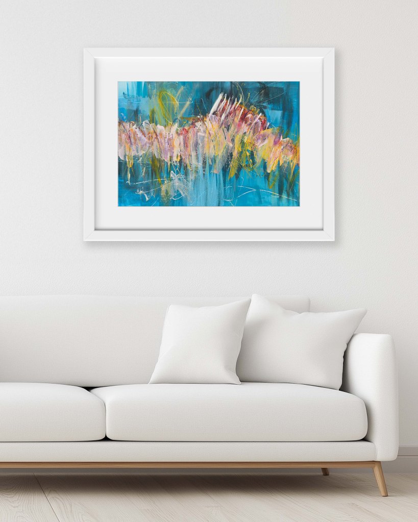 Where Prayers Catch the Wind by Lisa Marie Jones shown in a calm contemporary interior, medium abstract artwork inspired by movement, breath and quiet intention