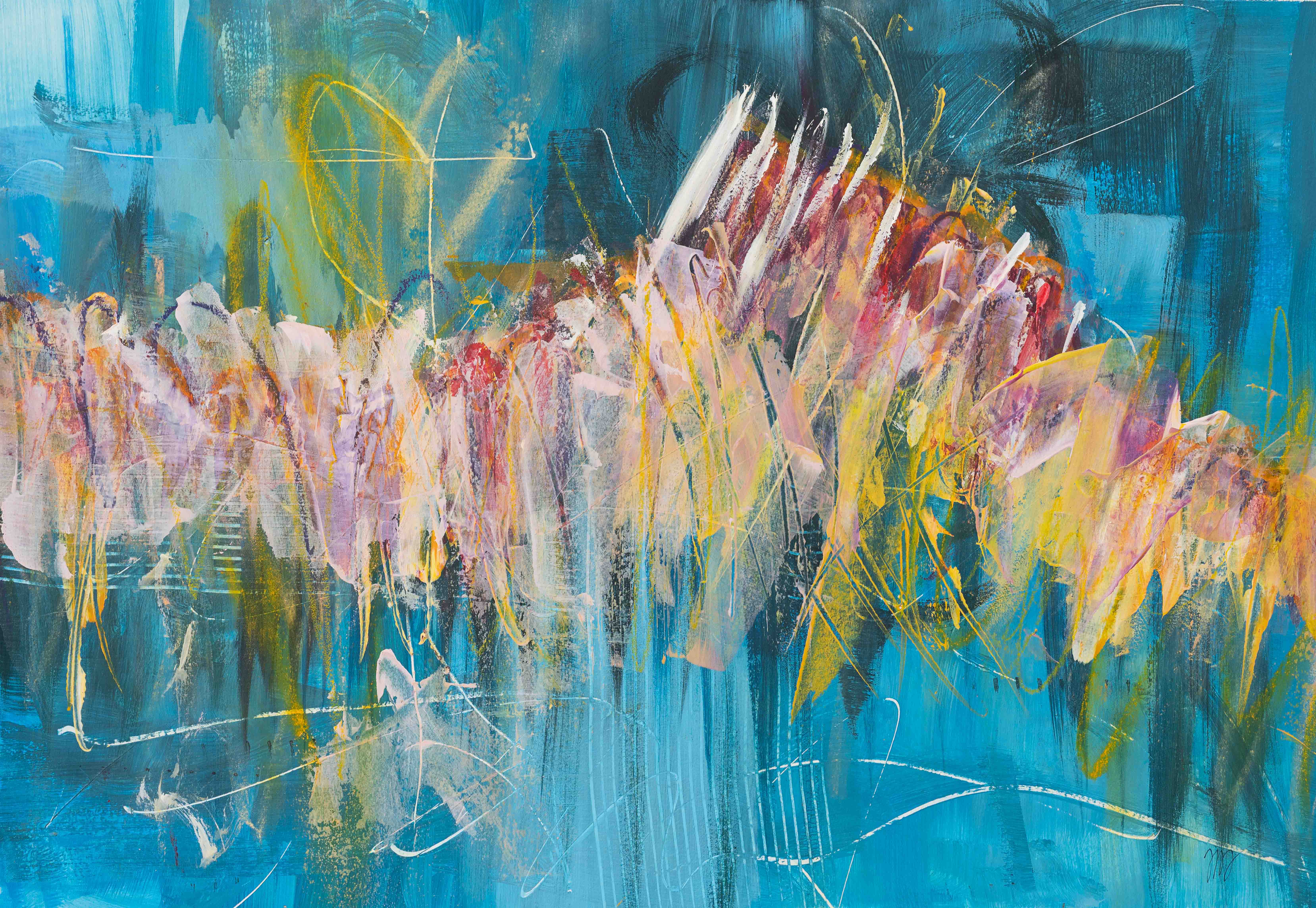 Where Prayers Catch the Wind, original medium abstract artwork by Lisa Marie Jones with flowing gestural marks and prayer-flag inspired movement