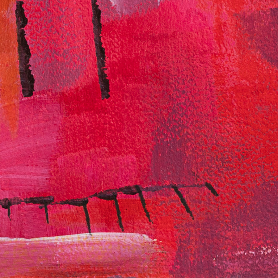 Close-up detail from Where Red Moves highlighting bold red hues, darker linear marks, and energetic surface texture.