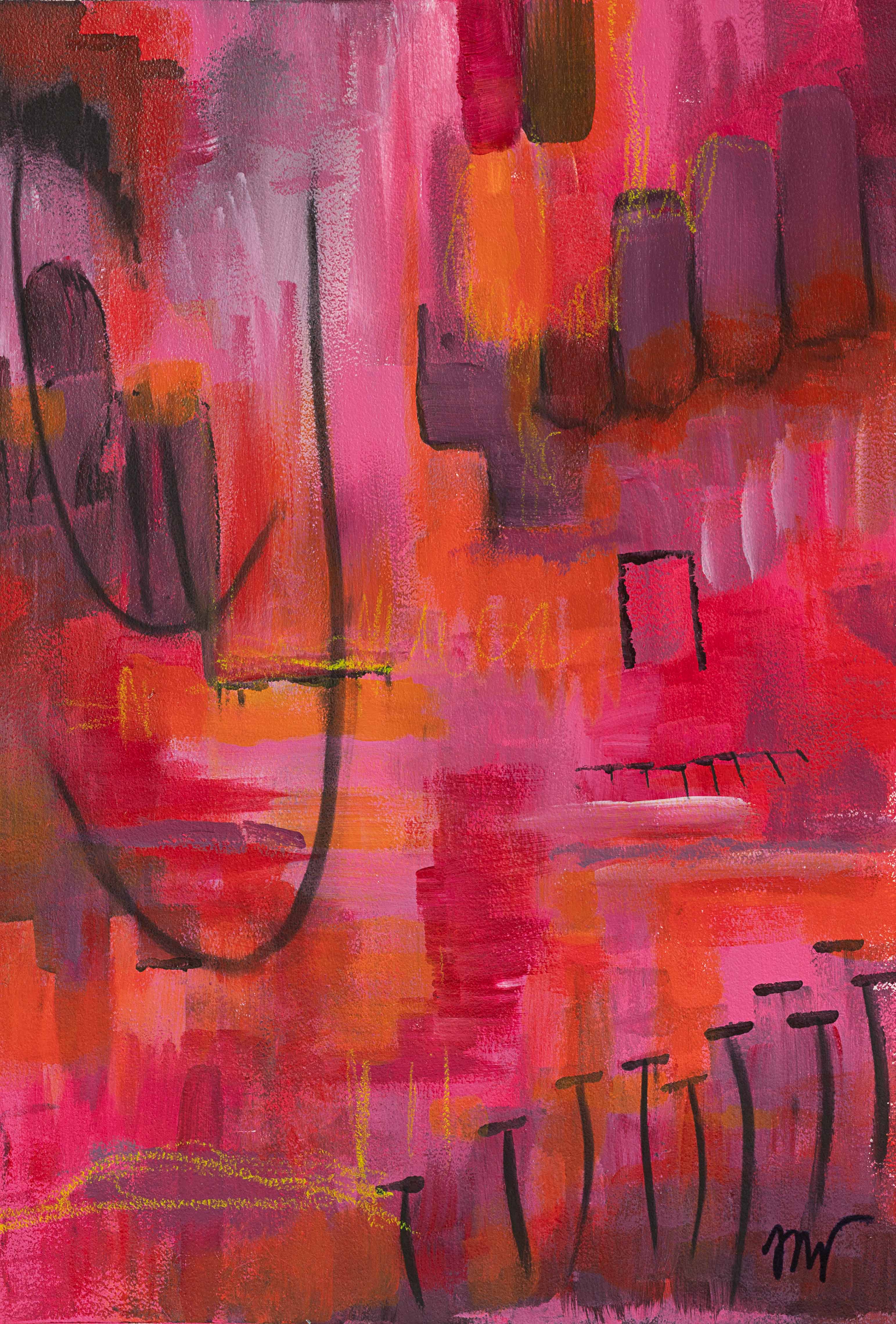 Full view of Where Red Moves, an abstract painting by Lisa Marie Jones featuring layered reds, pinks, and expressive gestural marks.