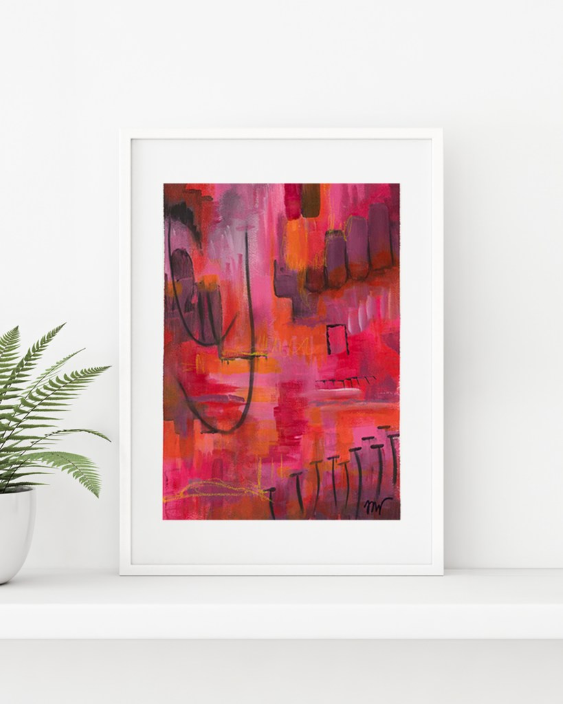 Where Red Moves by Lisa Marie Jones displayed in a contemporary interior, showing how the red abstract artwork is scaled.