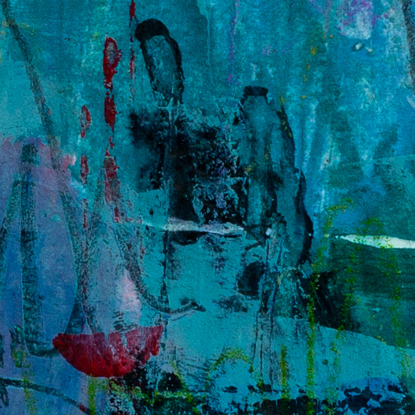 Detail view of Whispers Beneath the Veil highlighting expressive hand-drawn line work, layered blue and green acrylic paint, and subtle red accents within the composition.