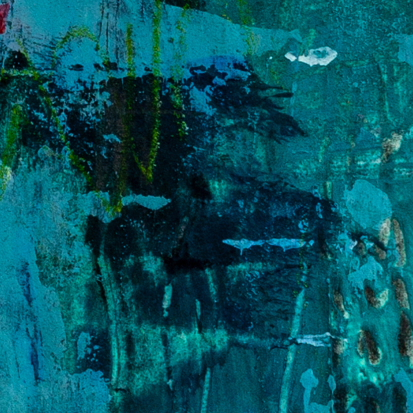 Close-up detail of Whispers Beneath the Veil showing layered acrylic brushstrokes in turquoise and deep blue with rich surface texture and tonal variation.